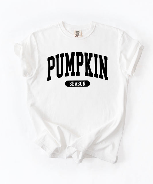 Pumpkin Season T-Shirt in White – garment-dyed graphic tee with collegiate lettering