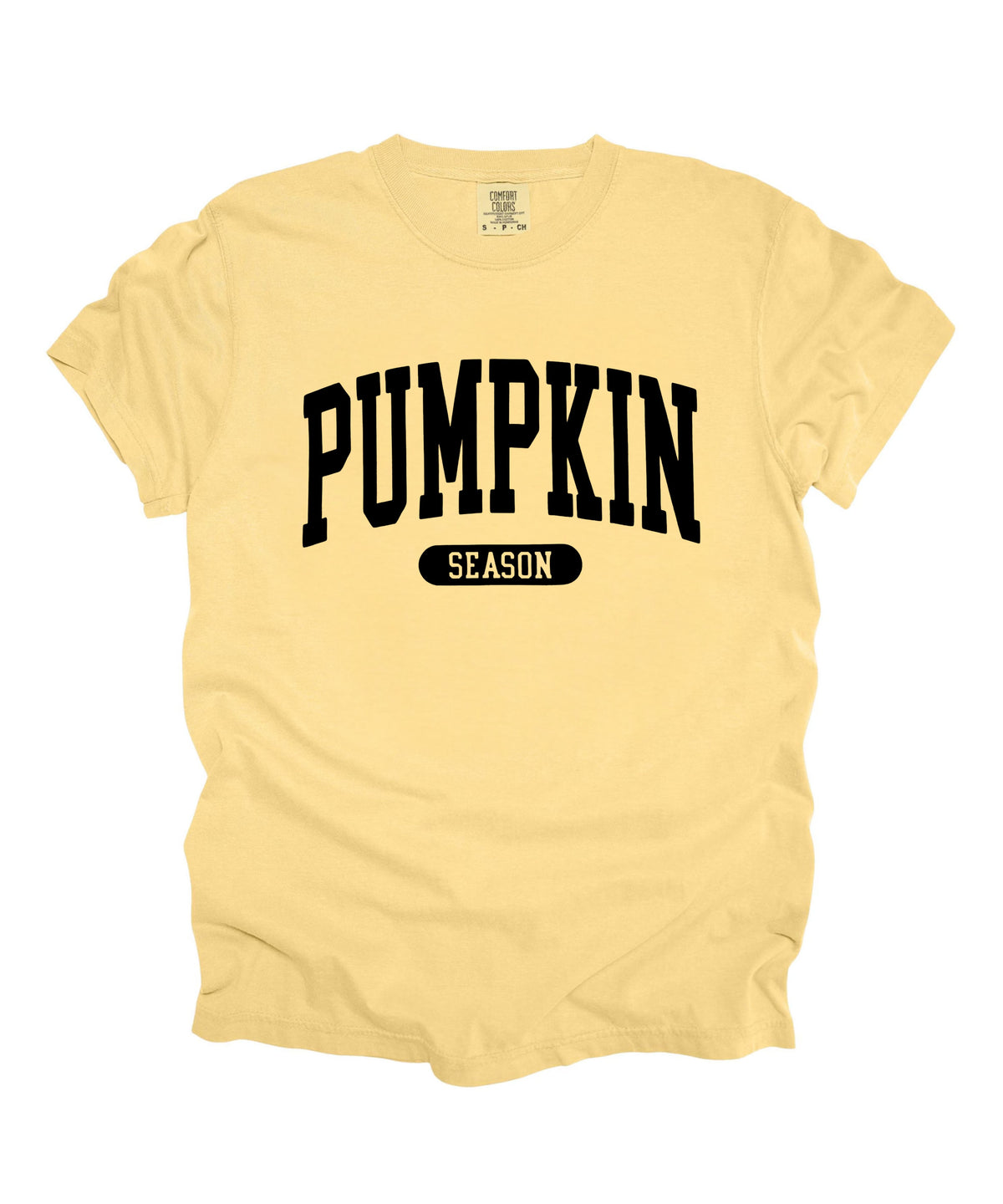 Pumpkin Season T-Shirt in Butter – garment-dyed graphic tee with collegiate lettering