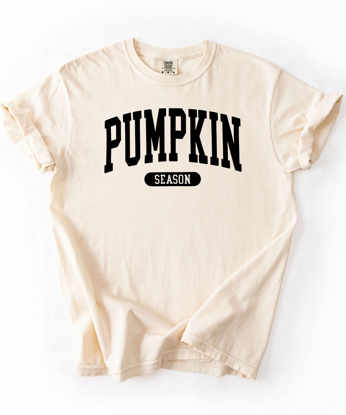 Pumpkin Season T-Shirt in Ivory – garment-dyed graphic tee with collegiate lettering