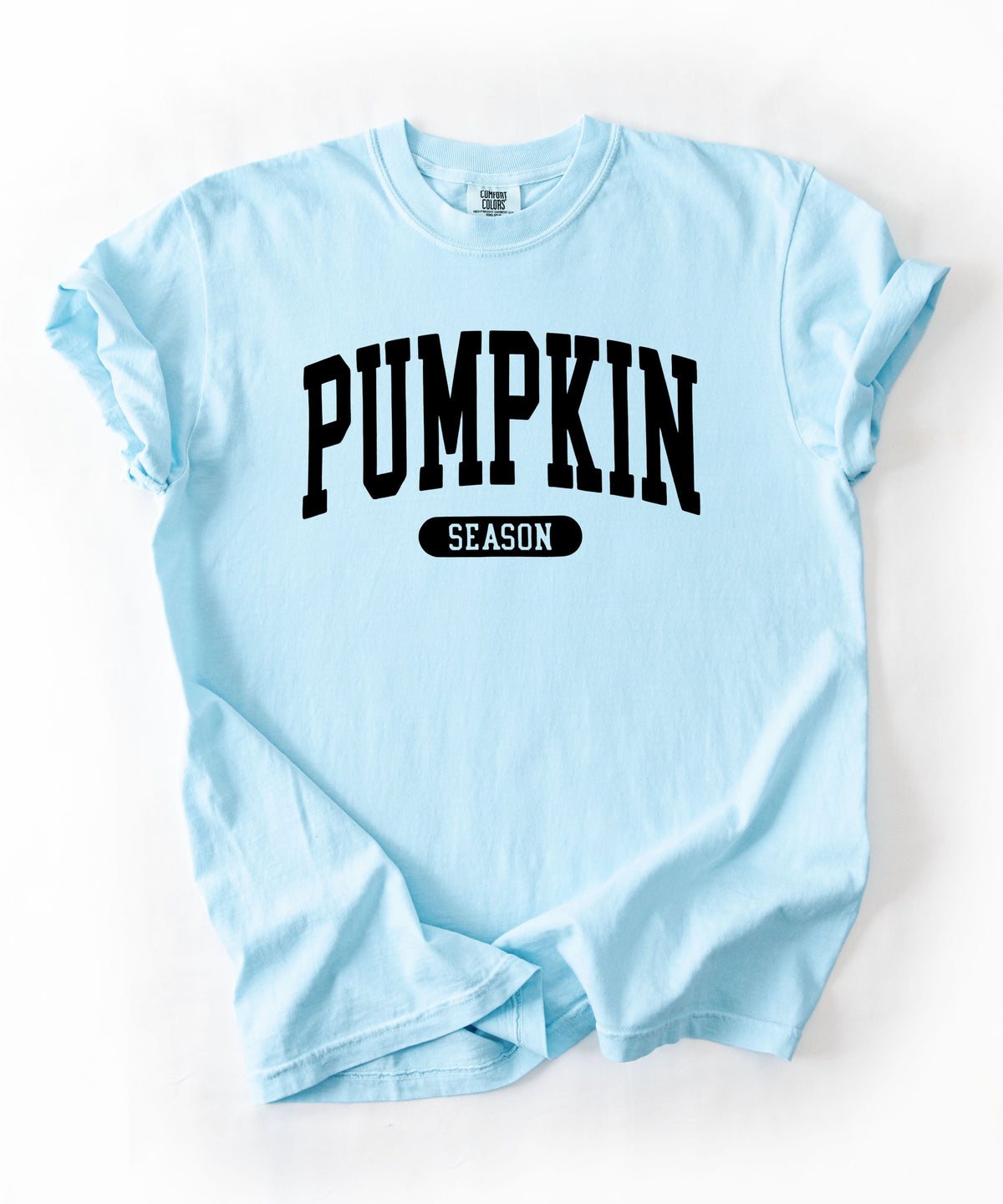 Pumpkin Season T-Shirt in Chambray – garment-dyed graphic tee with collegiate lettering