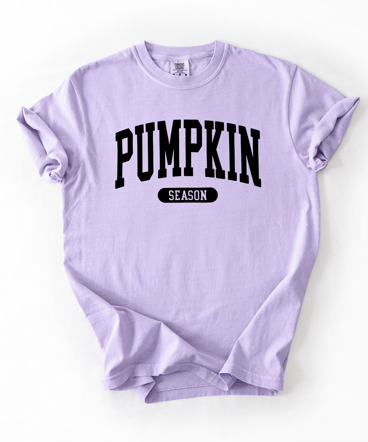 Pumpkin Season T-Shirt in Orchid – garment-dyed graphic tee with collegiate lettering