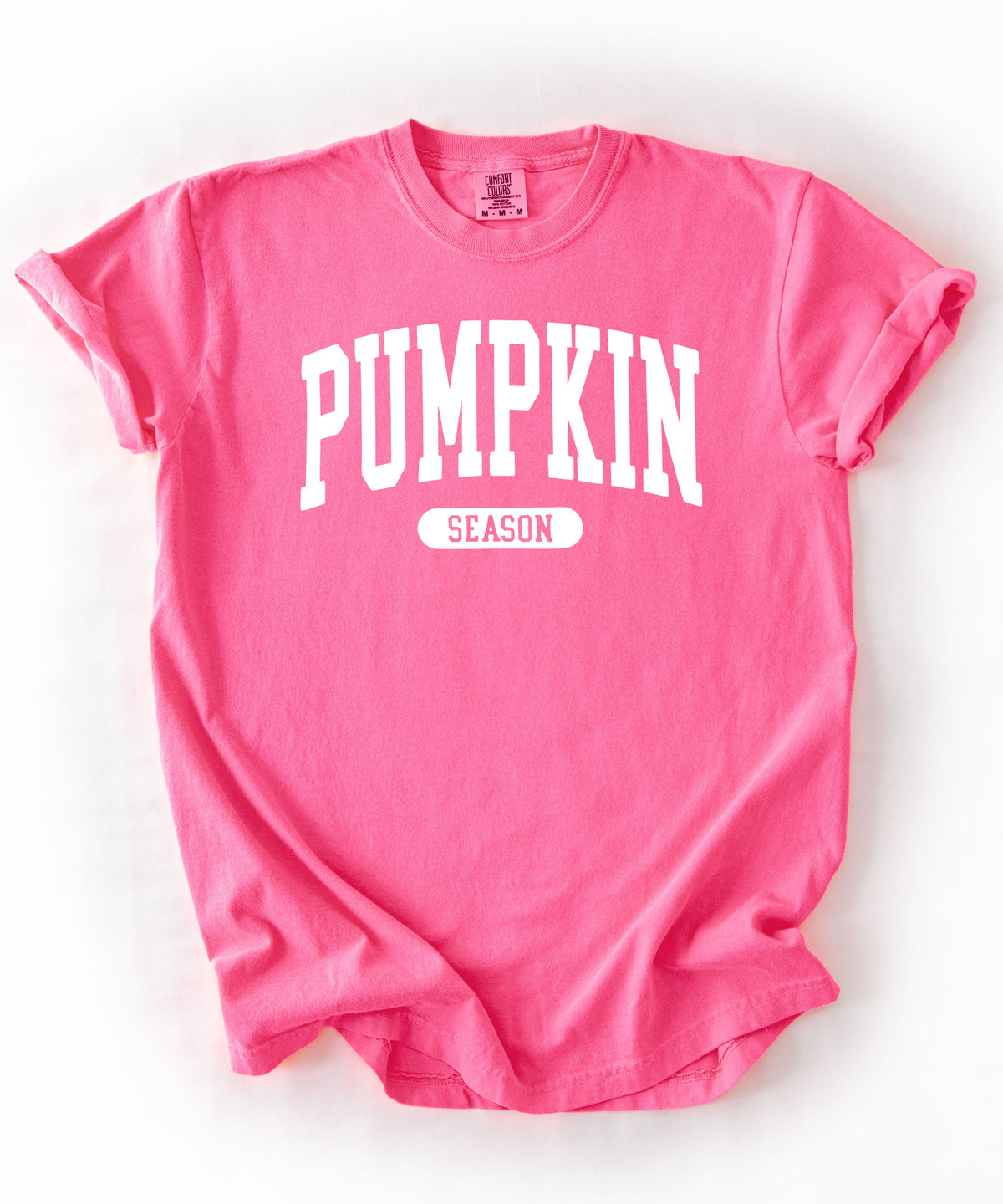 Pumpkin Season T-Shirt in Neon Pink – garment-dyed graphic tee with collegiate lettering