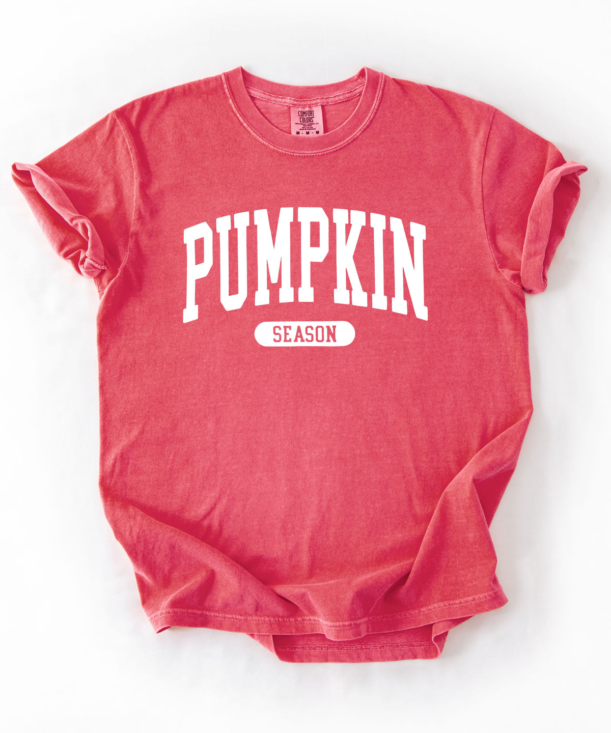 Pumpkin Season T-Shirt in Watermelon – garment-dyed graphic tee with collegiate lettering