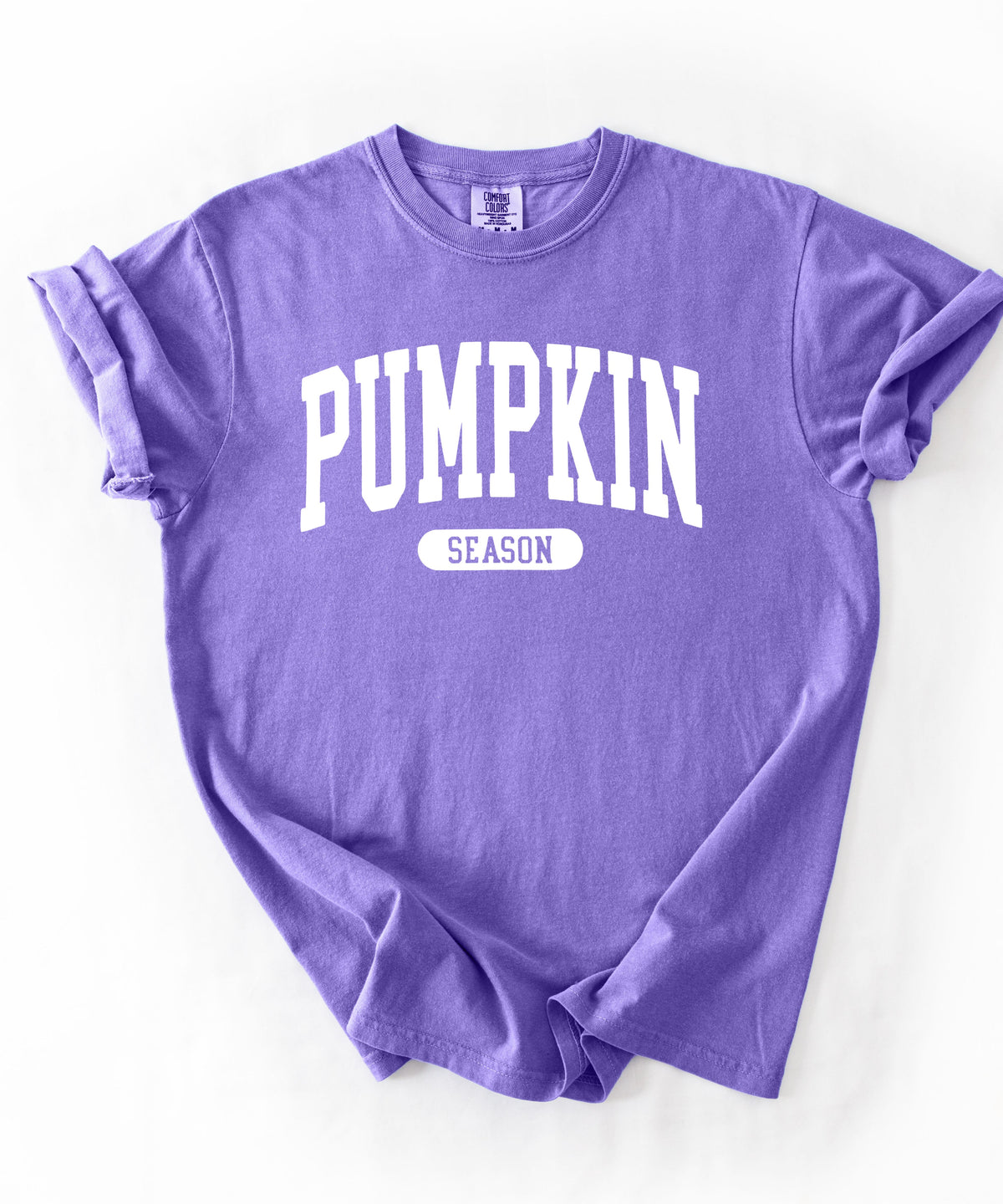 Pumpkin Season T-Shirt in Violet – garment-dyed graphic tee with collegiate lettering