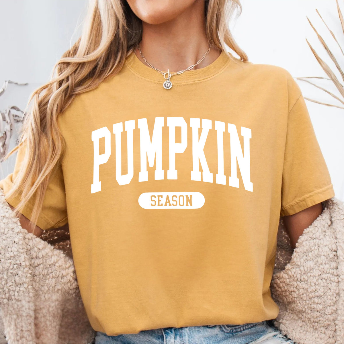 Pumpkin Season T-Shirt in Mustard – garment-dyed graphic tee with collegiate lettering