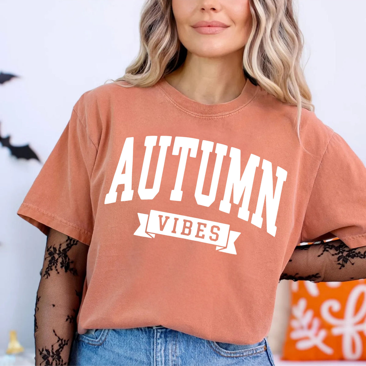 Autumn Vibes graphic tee in Yam — heavyweight garment-dyed Comfort Colors shirt with fall chest print