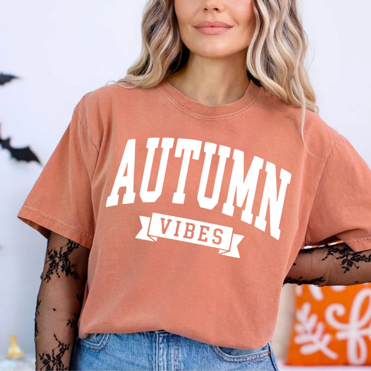 Autumn Vibes graphic tee in Yam — heavyweight garment-dyed Comfort Colors shirt with fall chest print