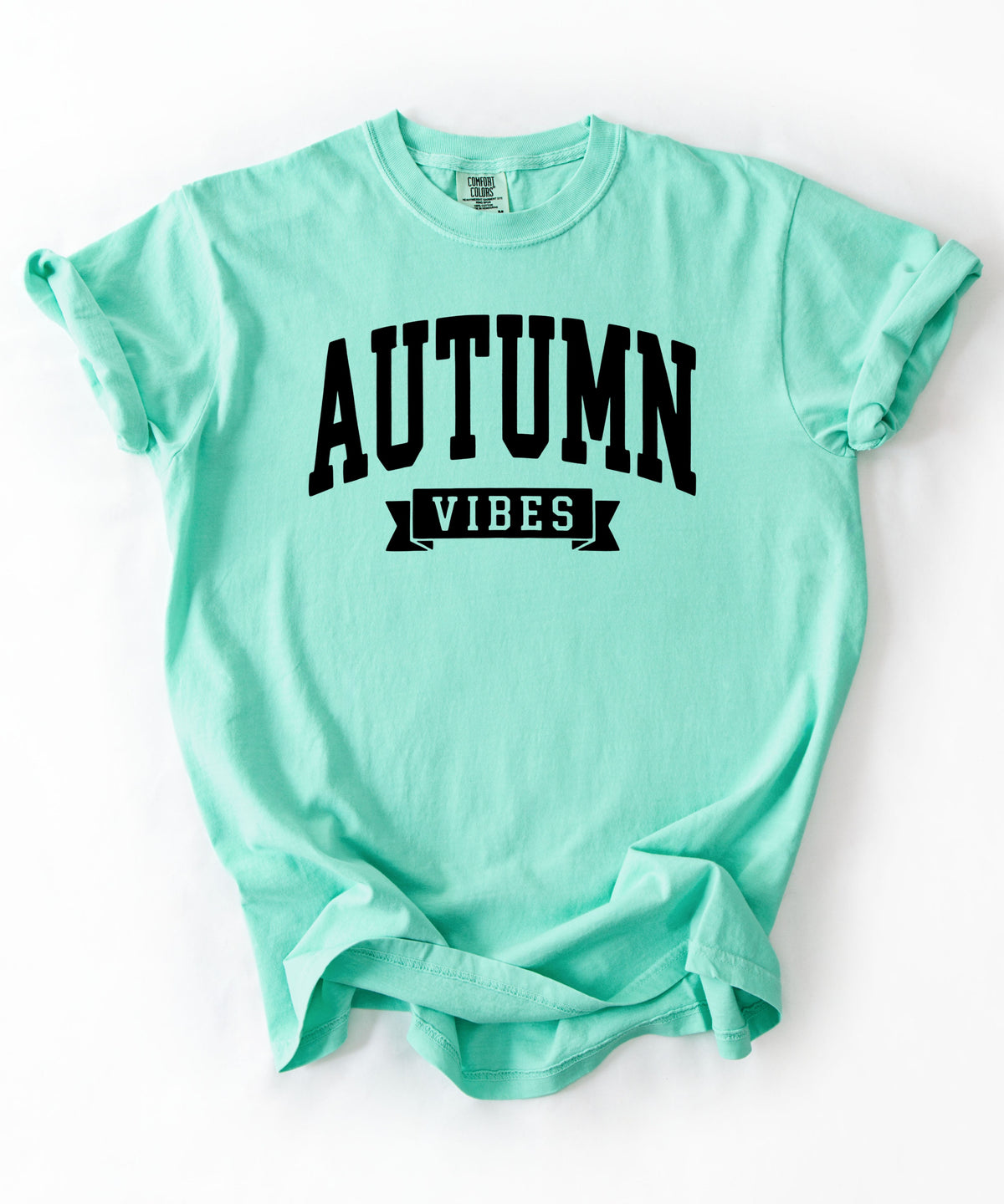 Autumn Vibes graphic tee in Island Reef — heavyweight garment-dyed Comfort Colors shirt with fall chest print