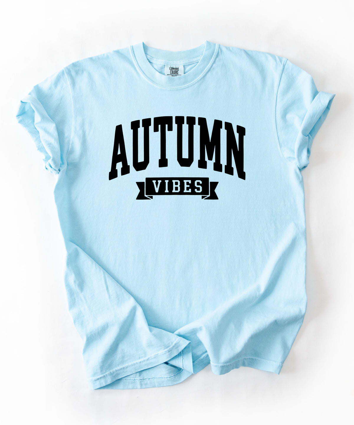 Autumn Vibes graphic tee in Chambray— heavyweight garment-dyed Comfort Colors shirt with fall chest print