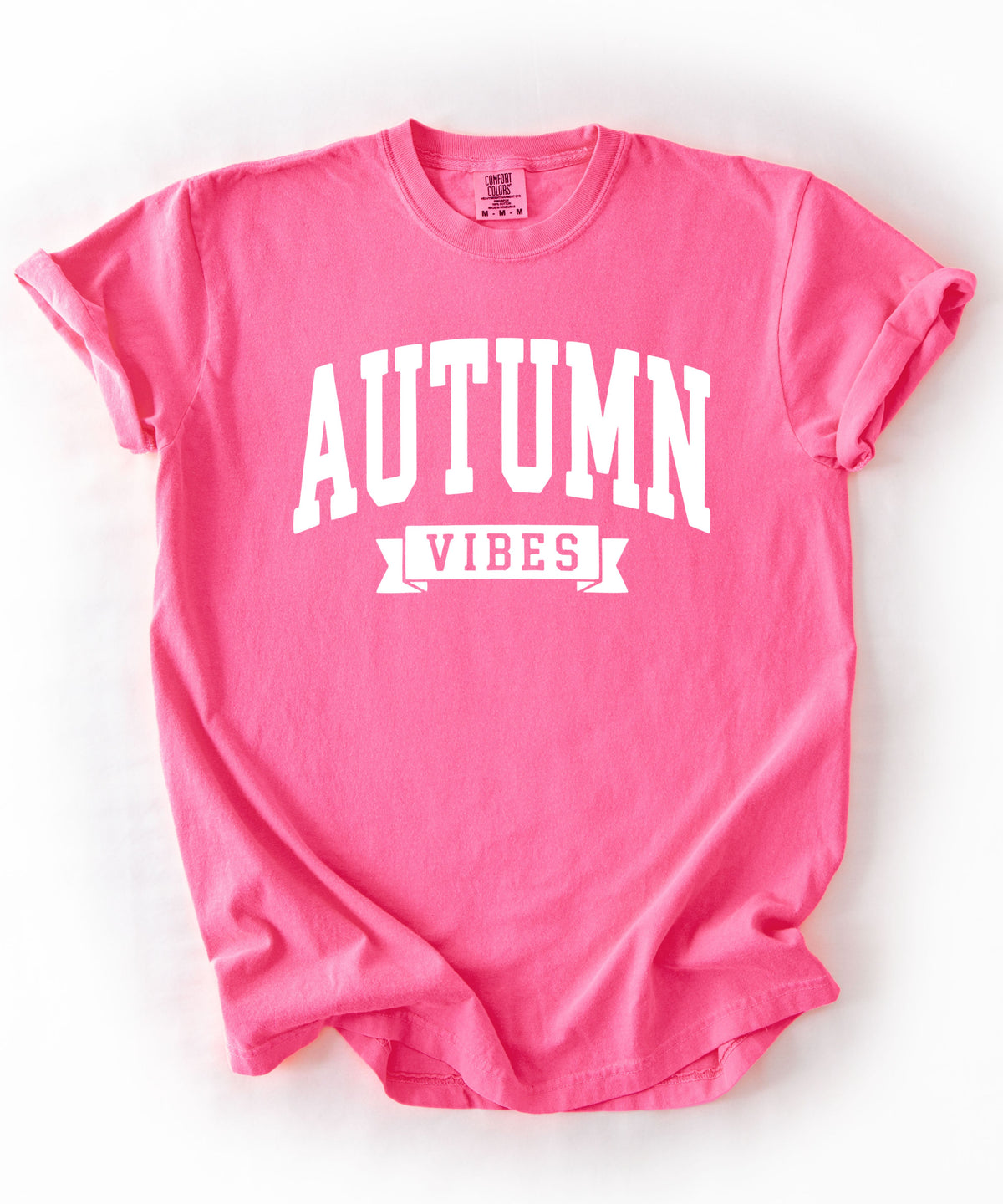 Autumn Vibes graphic tee in Neon Pink — heavyweight garment-dyed Comfort Colors shirt with fall chest print