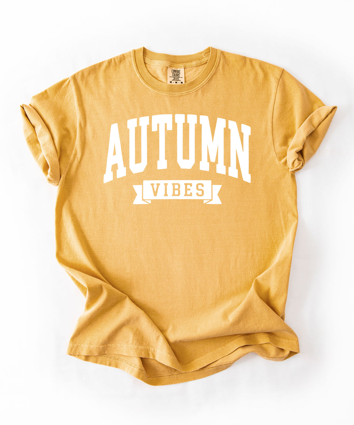 Autumn Vibes graphic tee in Mustard — heavyweight garment-dyed Comfort Colors shirt with fall chest print