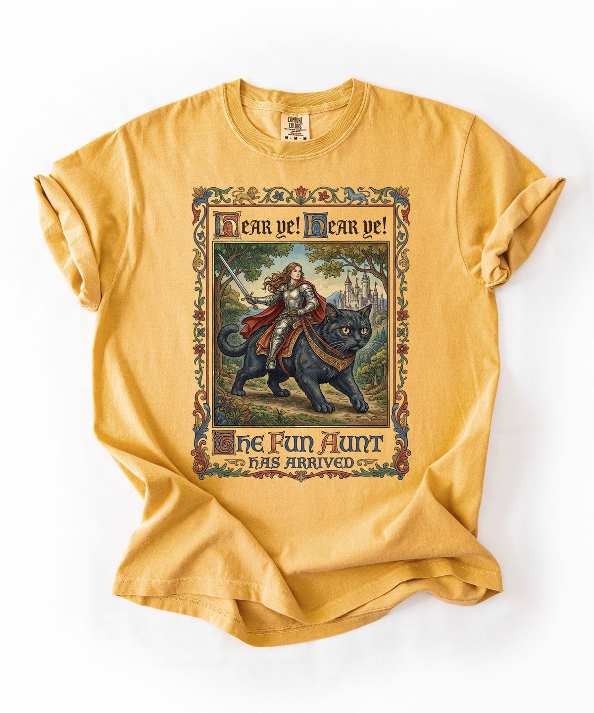 The Fun Aunt Has Arrived graphic tee in Mustard— heavyweight garment-dyed vintage storybook shirt
