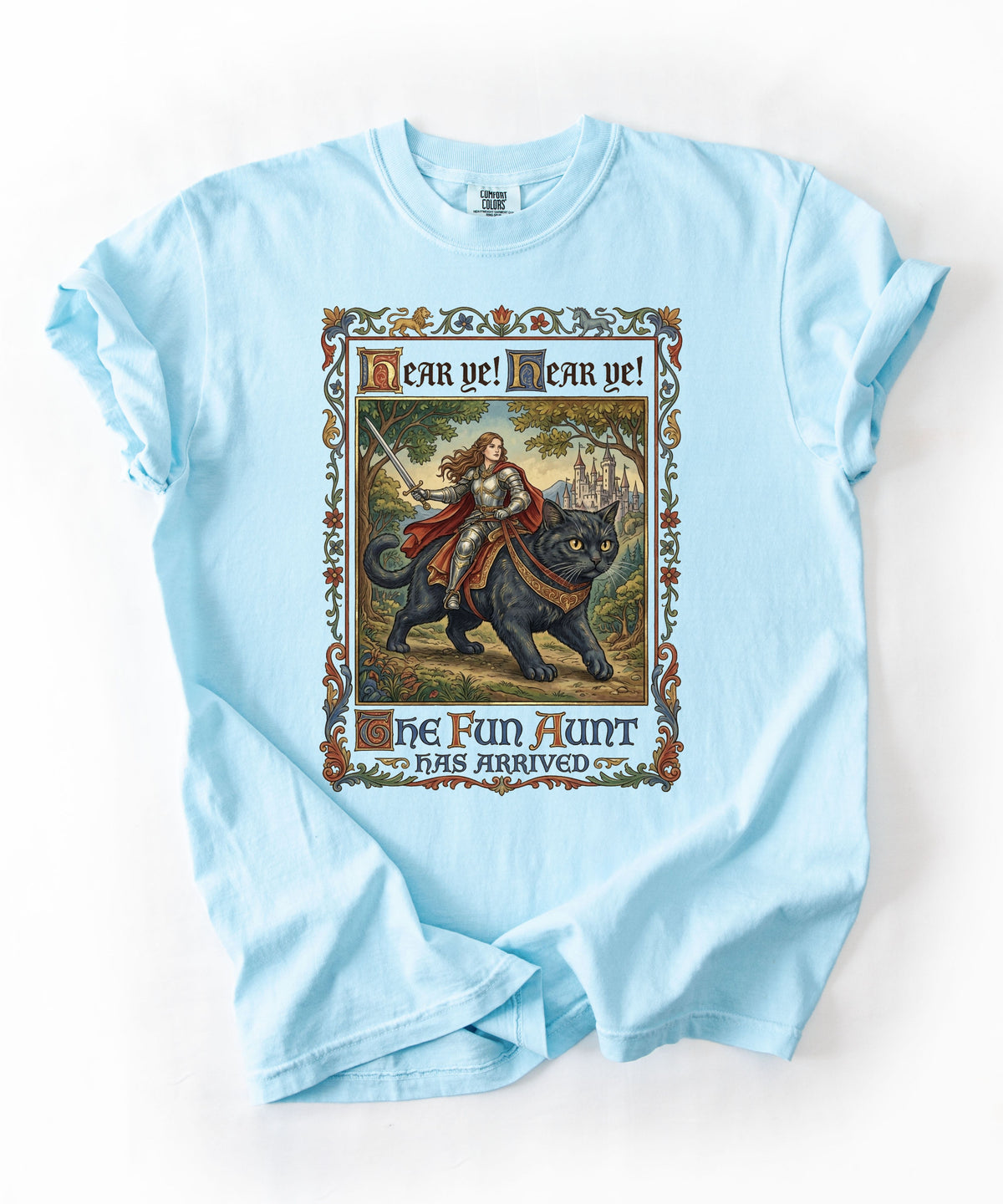 The Fun Aunt Has Arrived graphic tee in Chambray — heavyweight garment-dyed vintage storybook shirt