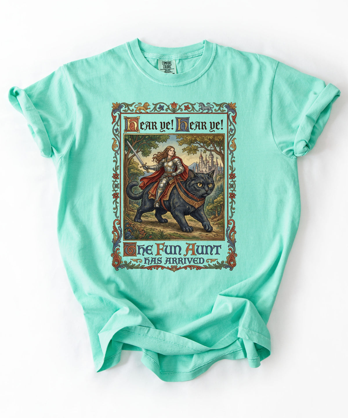 The Fun Aunt Has Arrived graphic tee in Island Reef — heavyweight garment-dyed vintage storybook shirt