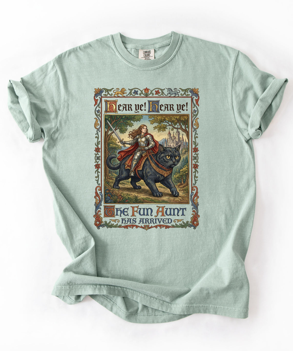 The Fun Aunt Has Arrived graphic tee in Bay — heavyweight garment-dyed vintage storybook shirt