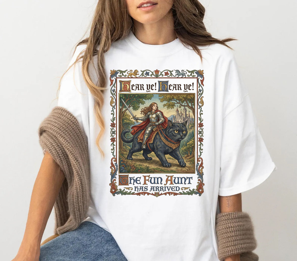 The Fun Aunt Has Arrived graphic tee in White — heavyweight garment-dyed vintage storybook shirt