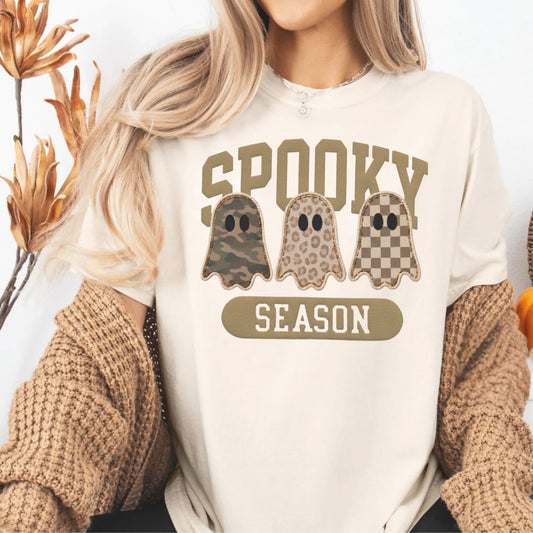 Spooky Season graphic tee in Ivory — cute ghost faux patchwork print, garment dyed heavyweight cotton