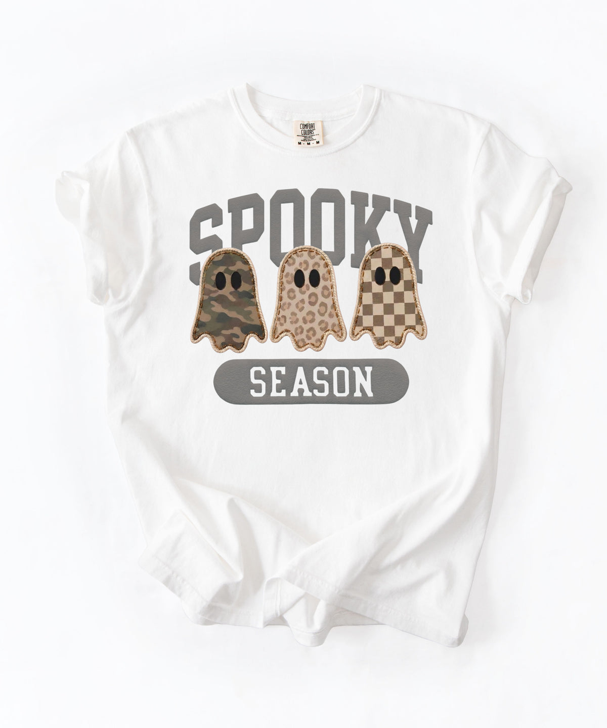 Spooky Season graphic tee in White — cute ghost faux patchwork print, garment dyed heavyweight cotton