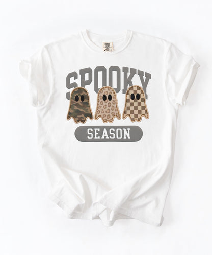 Spooky Season graphic tee in White — cute ghost faux patchwork print, garment dyed heavyweight cotton
