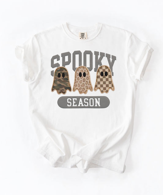 Spooky Season graphic tee in White — cute ghost faux patchwork print, garment dyed heavyweight cotton