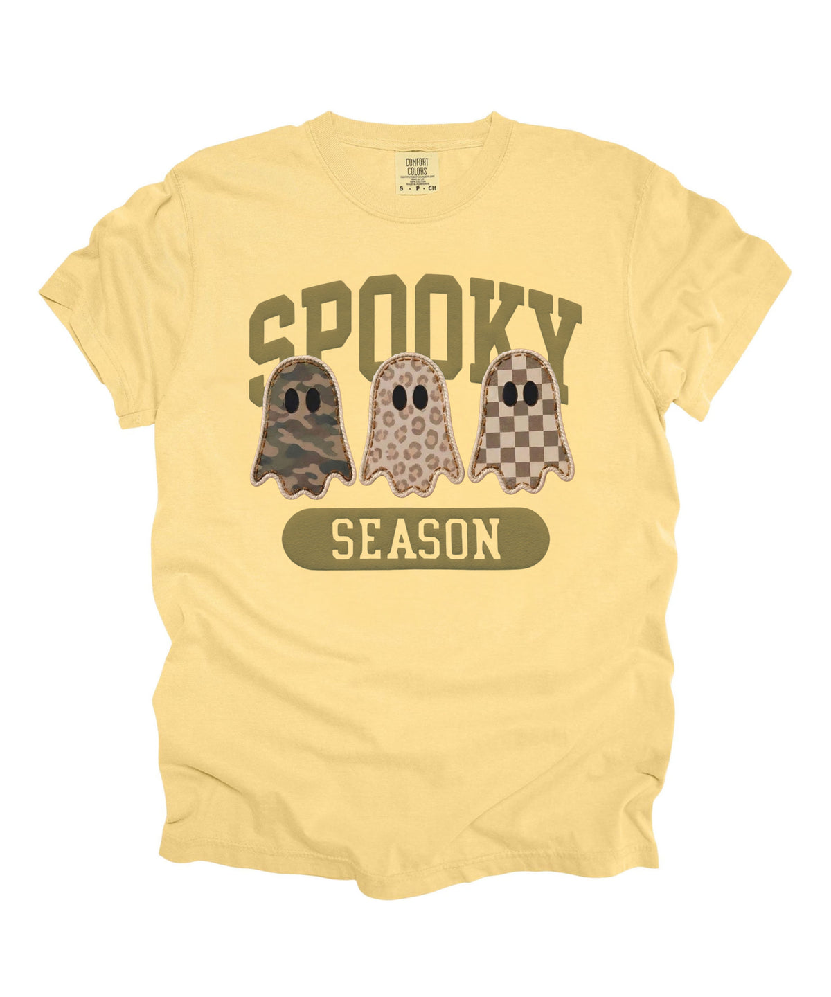 Spooky Season graphic tee in Butter — cute ghost faux patchwork print, garment dyed heavyweight cotton
