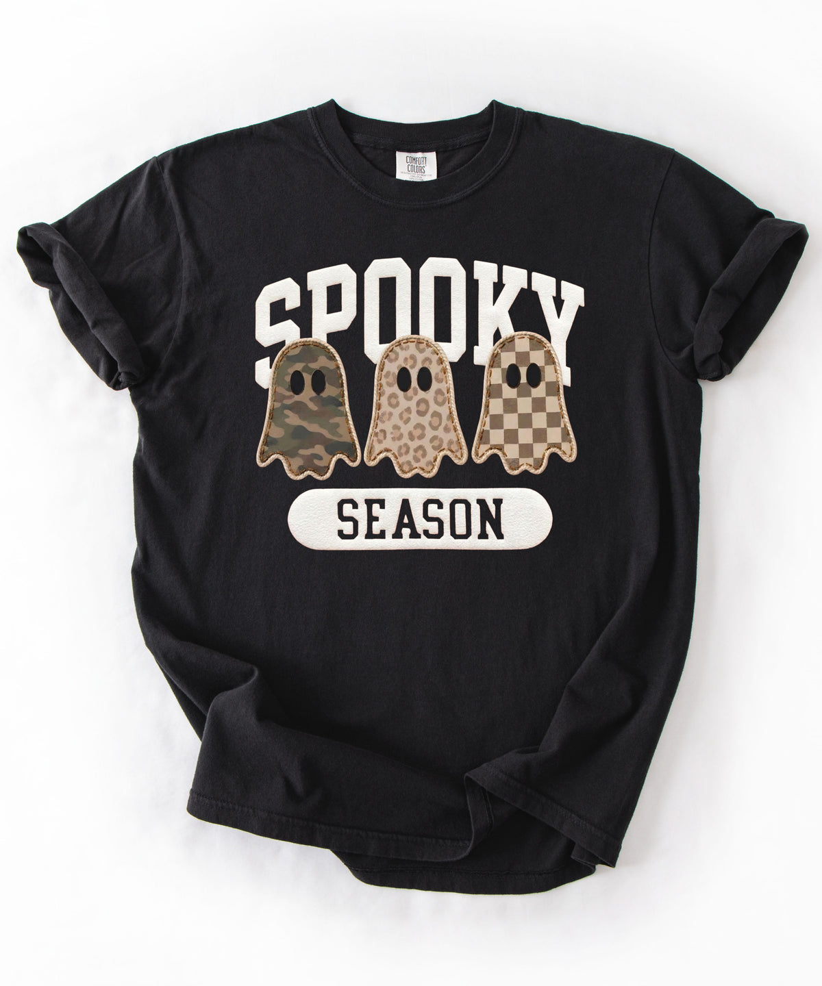 Spooky Season graphic tee in Black — cute ghost faux patchwork print, garment dyed heavyweight cotton