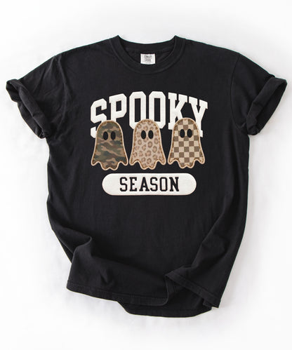 Spooky Season graphic tee in Black — cute ghost faux patchwork print, garment dyed heavyweight cotton