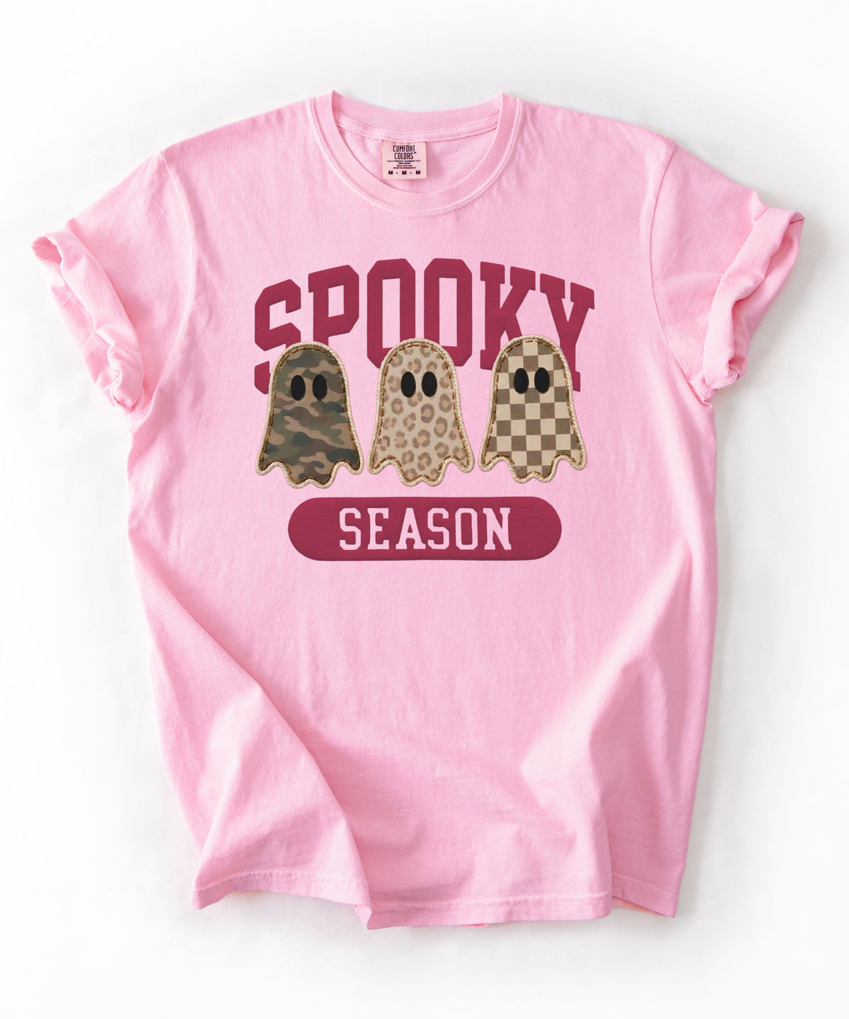 Spooky Season graphic tee in Blossom — cute ghost faux patchwork print, garment dyed heavyweight cotton