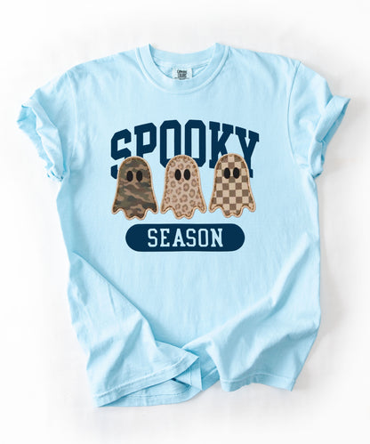 Spooky Season graphic tee in Chambray — cute ghost faux patchwork print, garment dyed heavyweight cotton