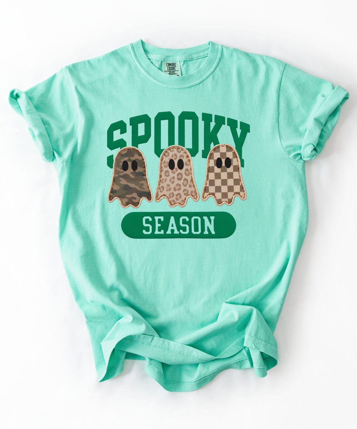 Spooky Season graphic tee in Island Reef — cute ghost faux patchwork print, garment dyed heavyweight cotton