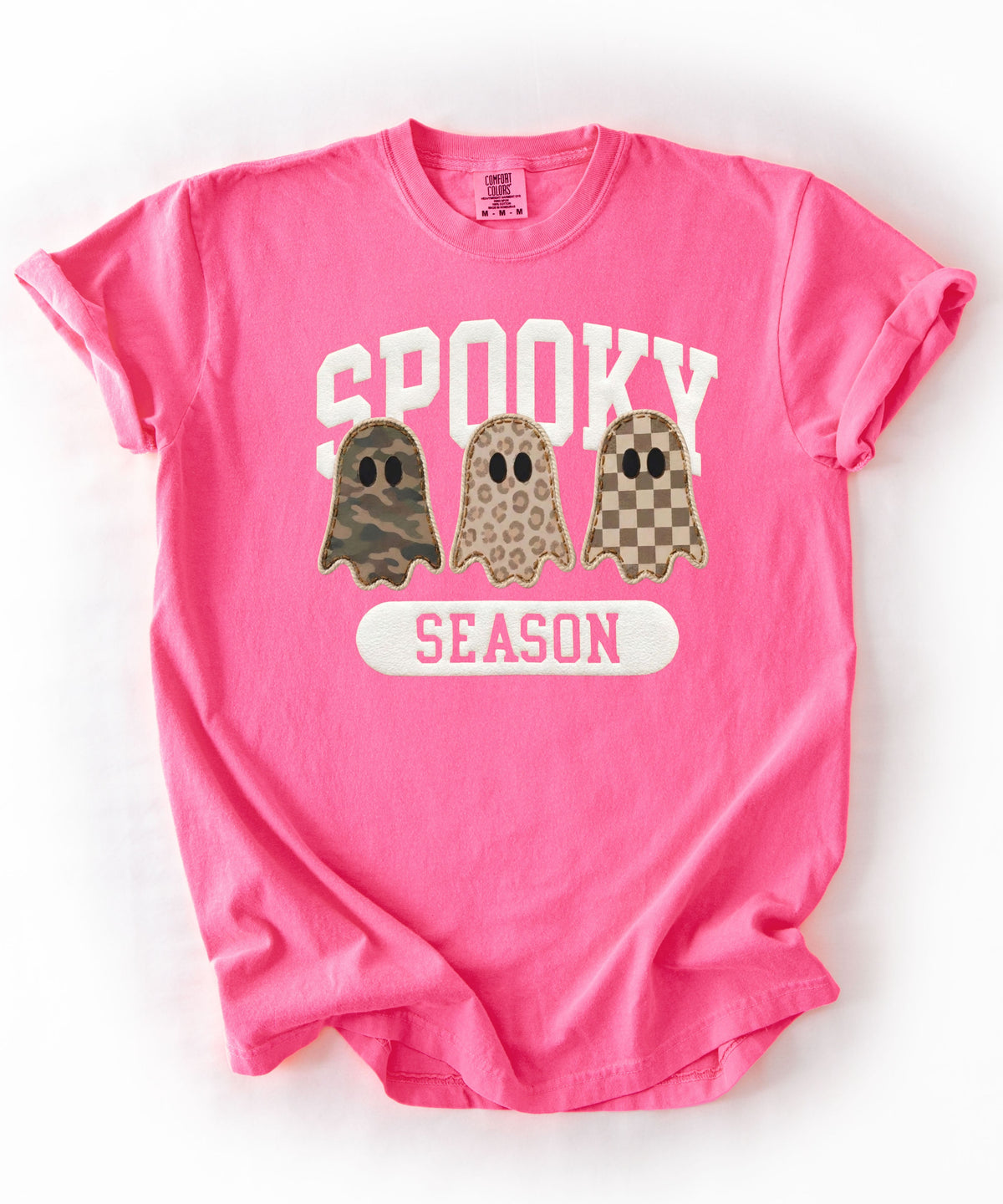 Spooky Season graphic tee in Neon Pink — cute ghost faux patchwork print, garment dyed heavyweight cotton