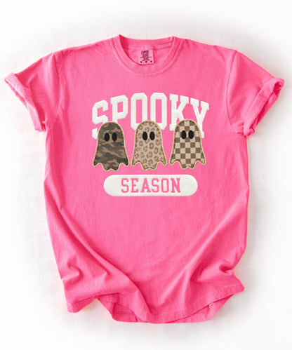 Spooky Season graphic tee in Neon Pink — cute ghost faux patchwork print, garment dyed heavyweight cotton