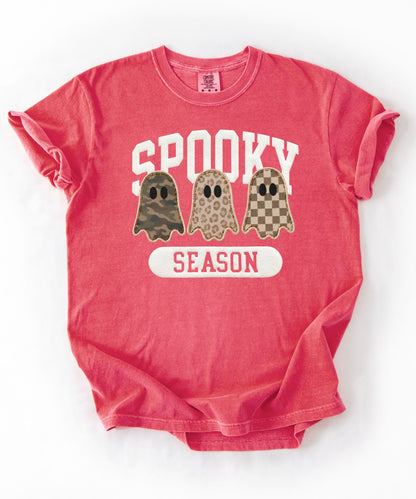 Spooky Season graphic tee in Watermelon — cute ghost faux patchwork print, garment dyed heavyweight cotton
