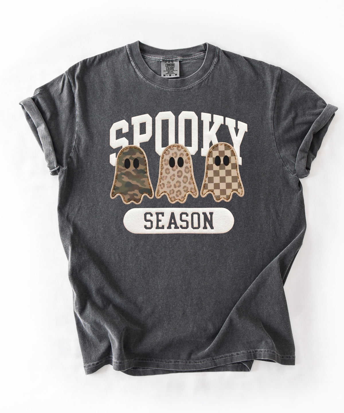 Spooky Season graphic tee in Pepper — cute ghost faux patchwork print, garment dyed heavyweight cotton