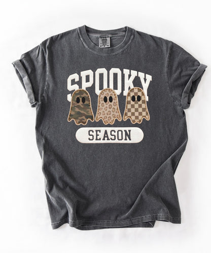 Spooky Season graphic tee in Pepper — cute ghost faux patchwork print, garment dyed heavyweight cotton