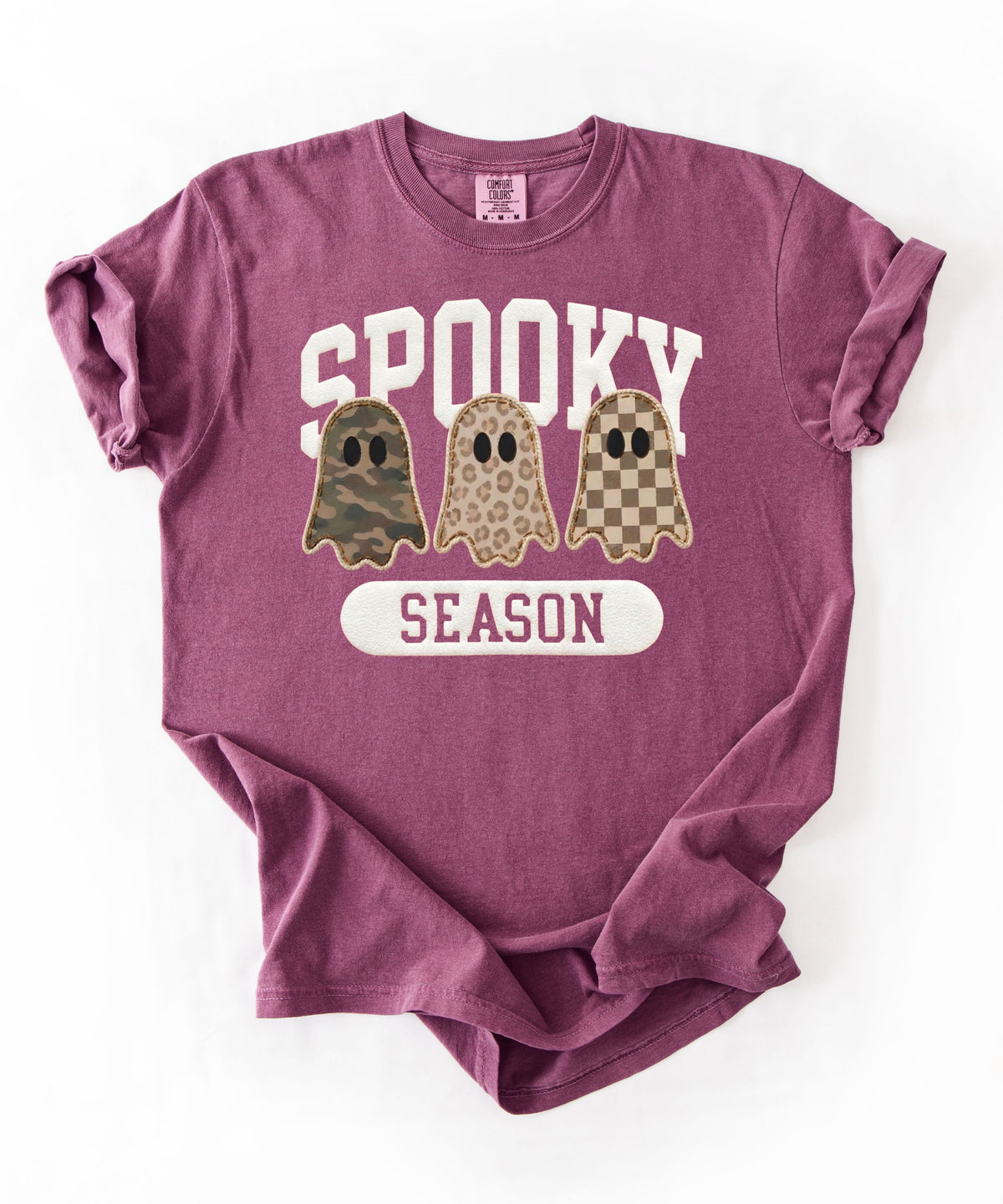 Spooky Season graphic tee in Berry — cute ghost faux patchwork print, garment dyed heavyweight cotton