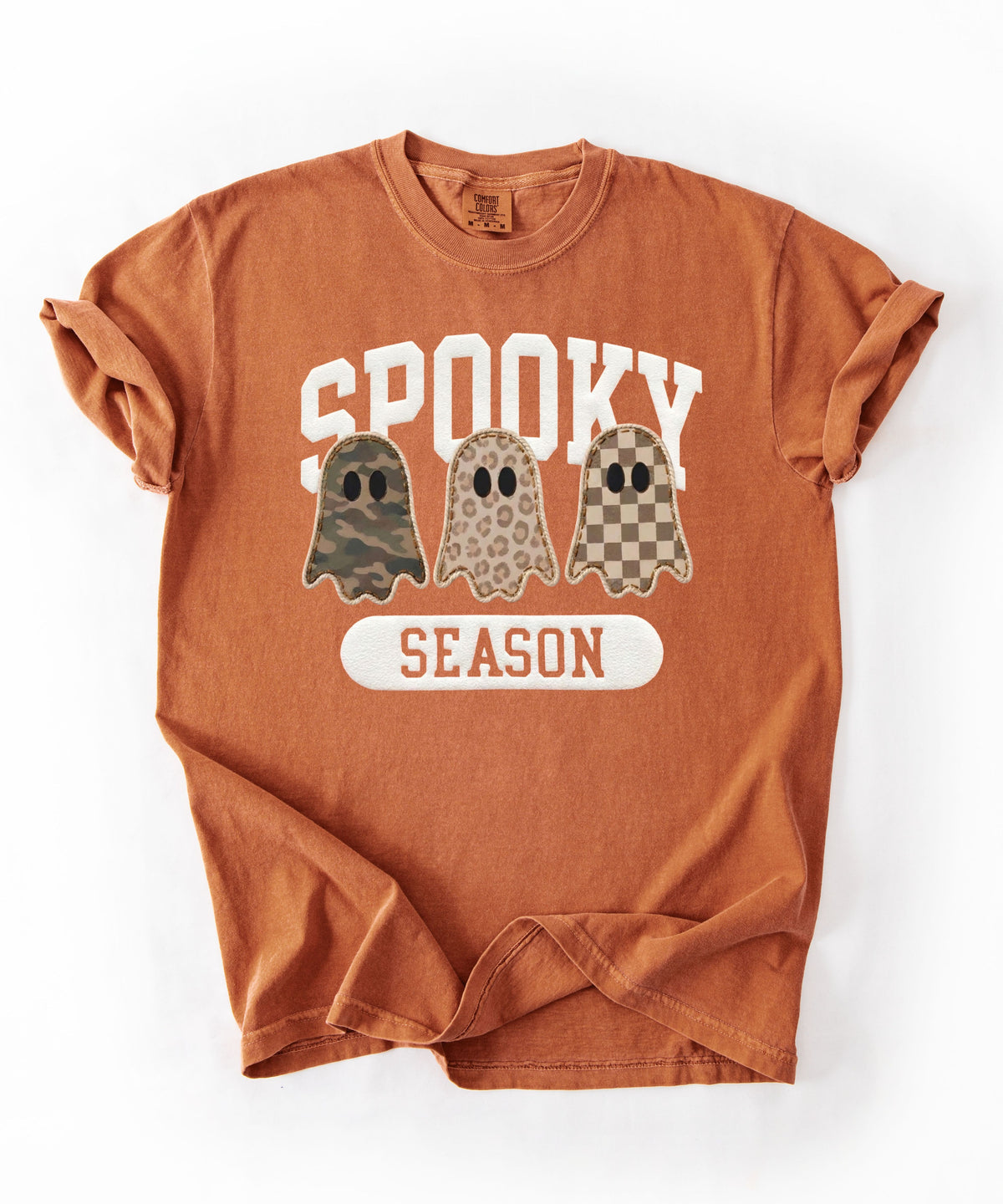 Spooky Season graphic tee in Yam — cute ghost faux patchwork print, garment dyed heavyweight cotton