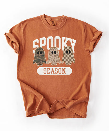 Spooky Season graphic tee in Yam — cute ghost faux patchwork print, garment dyed heavyweight cotton