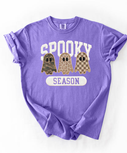 Spooky Season graphic tee in Violet — cute ghost faux patchwork print, garment dyed heavyweight cotton