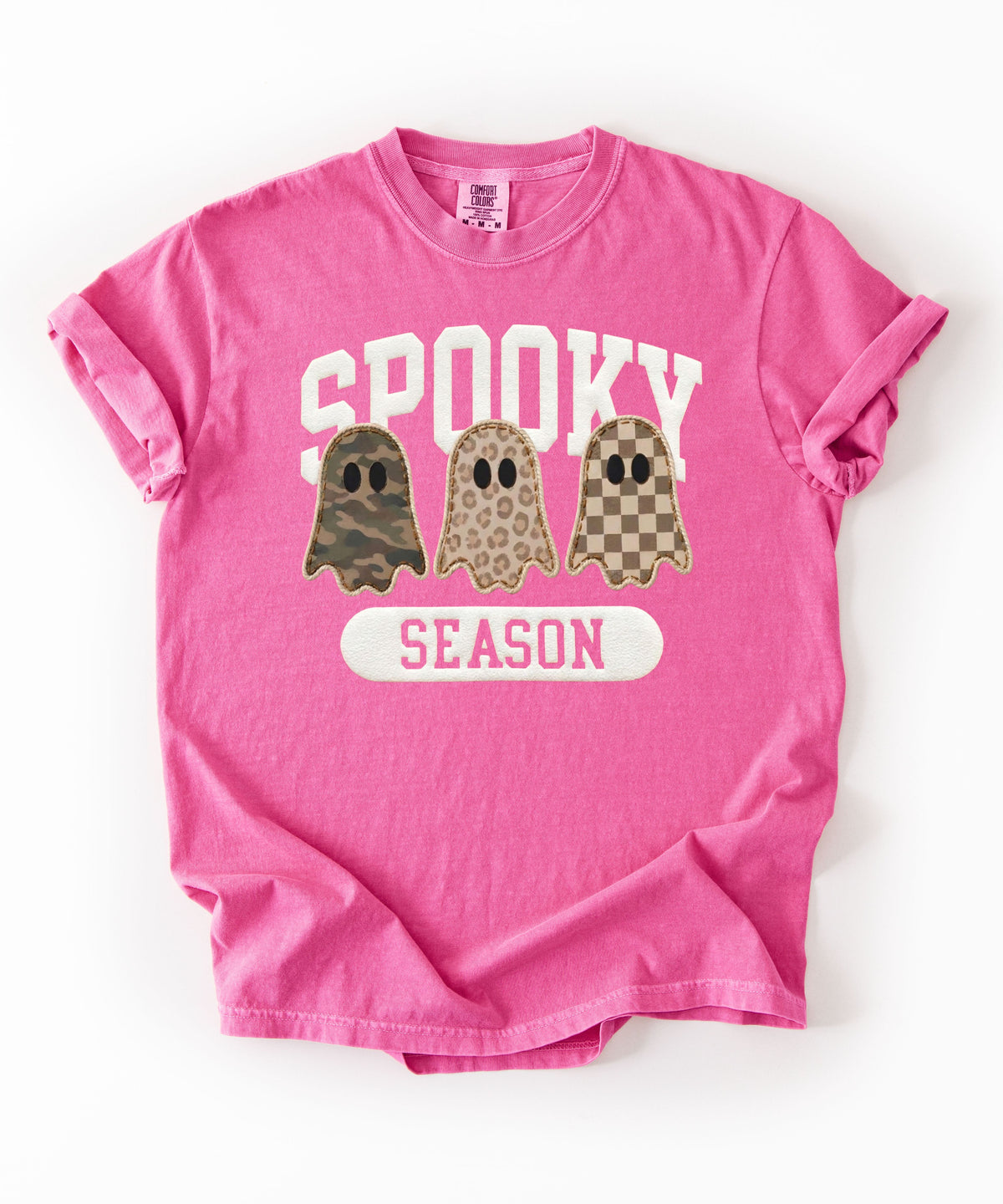 Spooky Season graphic tee in Crunchberry — cute ghost faux patchwork print, garment dyed heavyweight cotton