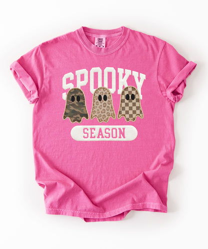 Spooky Season graphic tee in Crunchberry — cute ghost faux patchwork print, garment dyed heavyweight cotton