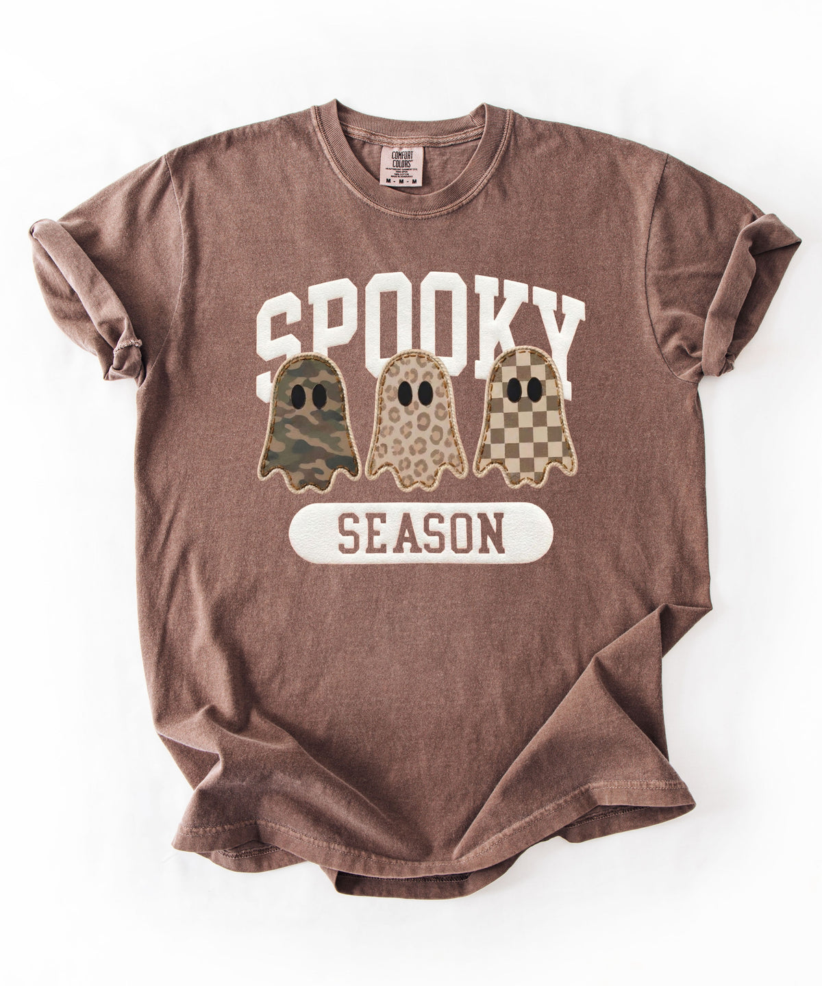 Spooky Season graphic tee in Espresso — cute ghost faux patchwork print, garment dyed heavyweight cotton