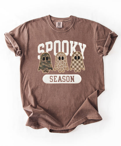 Spooky Season graphic tee in Espresso — cute ghost faux patchwork print, garment dyed heavyweight cotton