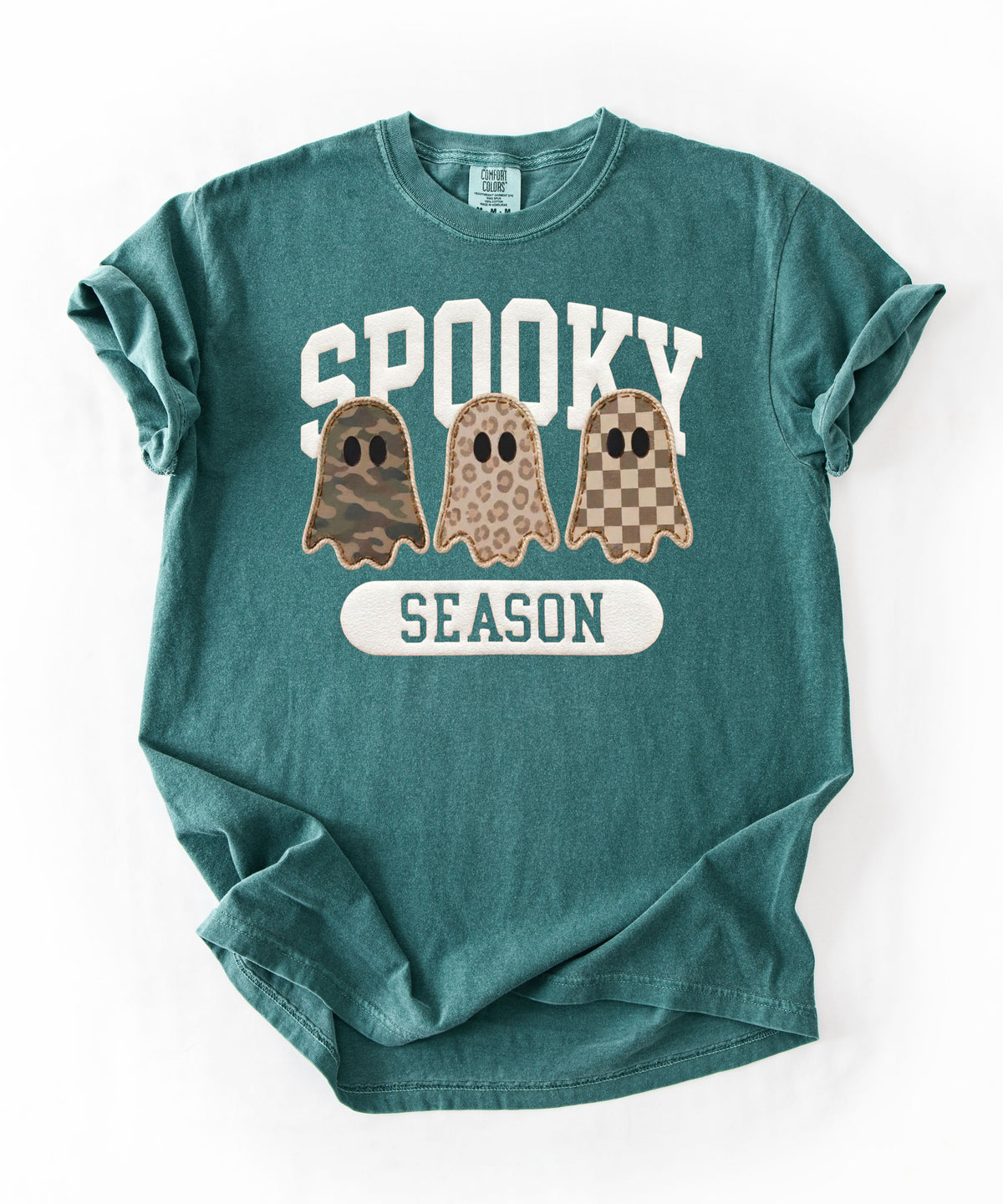 Spooky Season graphic tee in Blue Spruce — cute ghost faux patchwork print, garment dyed heavyweight cotton