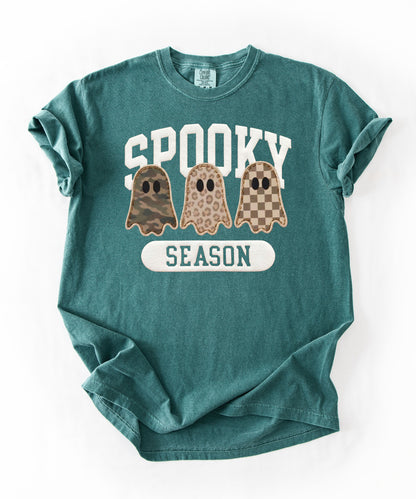 Spooky Season graphic tee in Blue Spruce — cute ghost faux patchwork print, garment dyed heavyweight cotton
