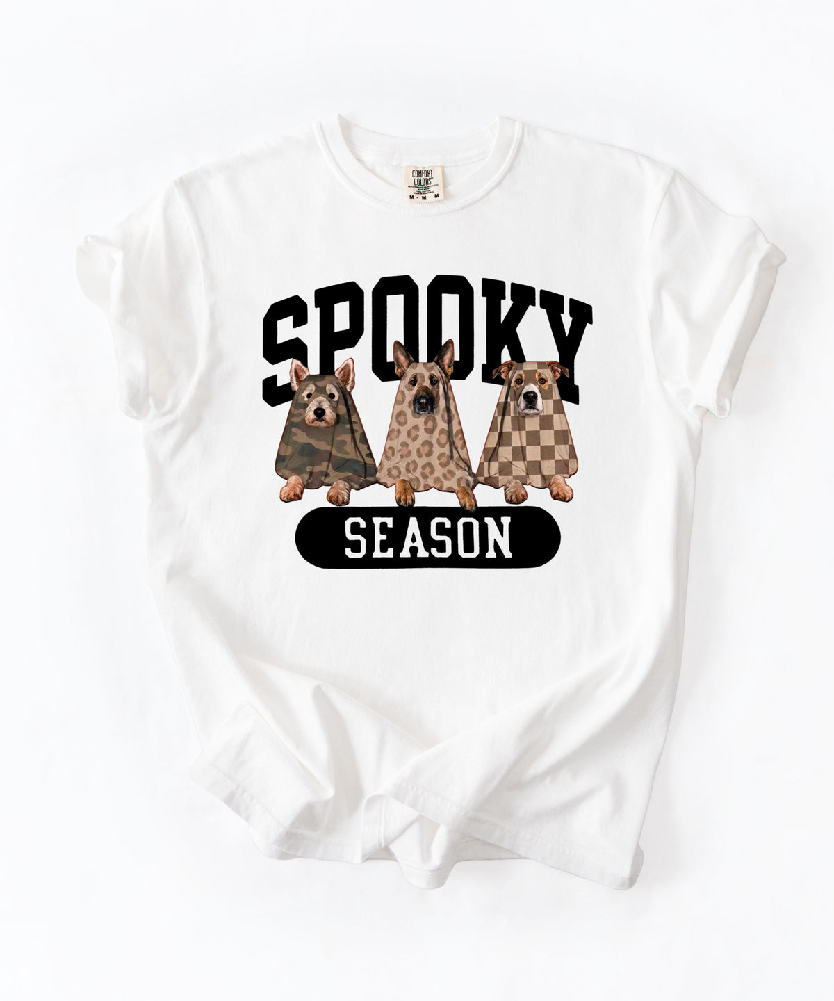 Spooky Season tee in White — dogs in ghost costumes Halloween graphic, garment dyed heavyweight cotton