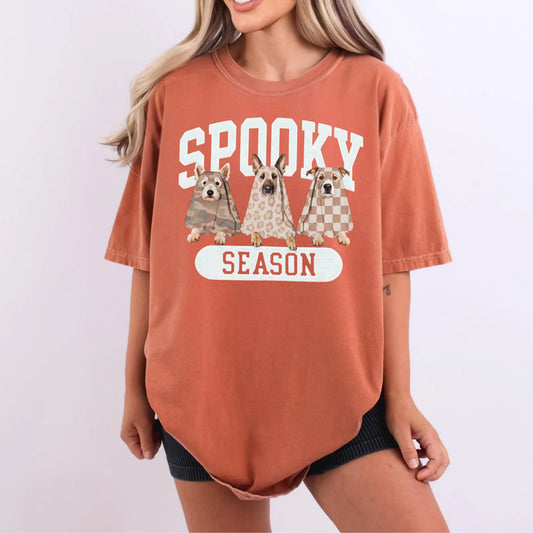 Spooky Season tee in Yam — dogs in ghost costumes Halloween graphic, garment dyed heavyweight cotton