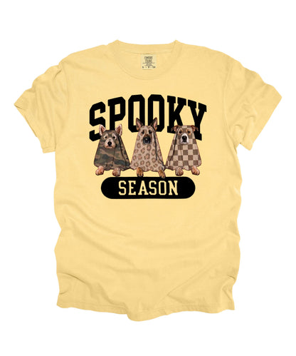Spooky Season tee in Butter — dogs in ghost costumes Halloween graphic, garment dyed heavyweight cotton