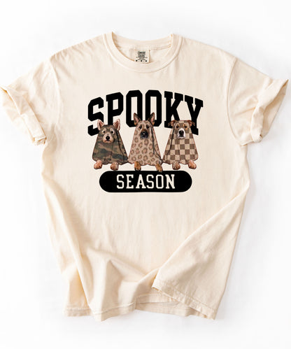 Spooky Season tee in Ivory — dogs in ghost costumes Halloween graphic, garment dyed heavyweight cotton