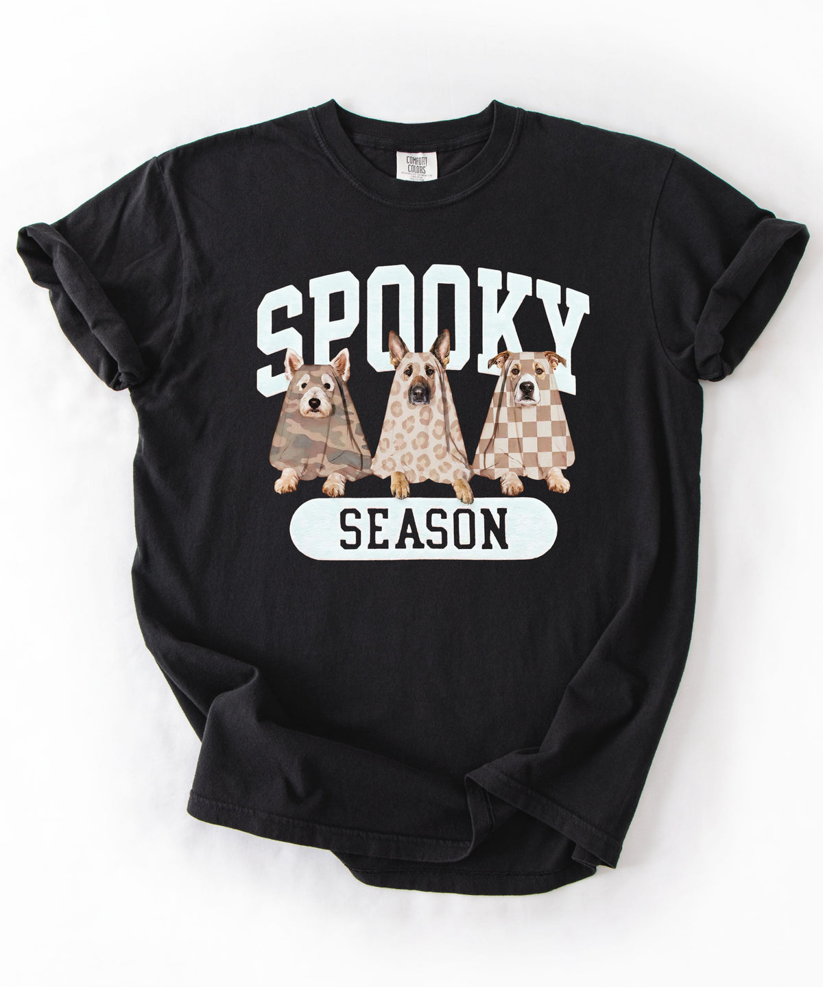 Spooky Season tee in Black — dogs in ghost costumes Halloween graphic, garment dyed heavyweight cotton